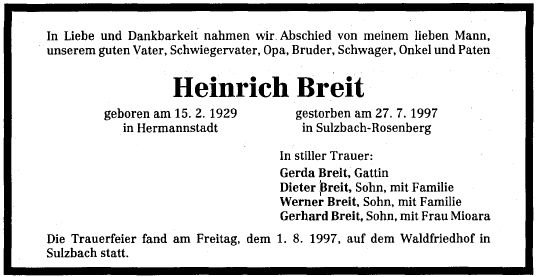 Breit Heinrich 1929-1997 Todesanzeige